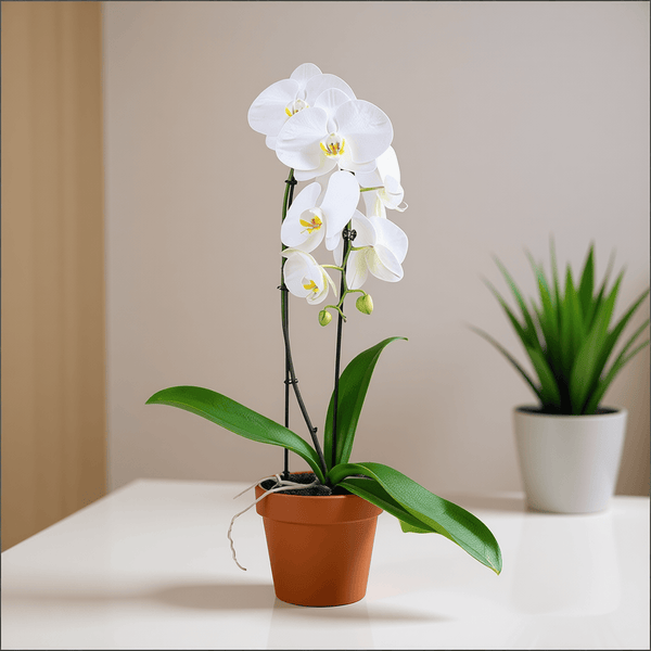 WHITE CASCADE ORCHID PLANT + CLAY POT