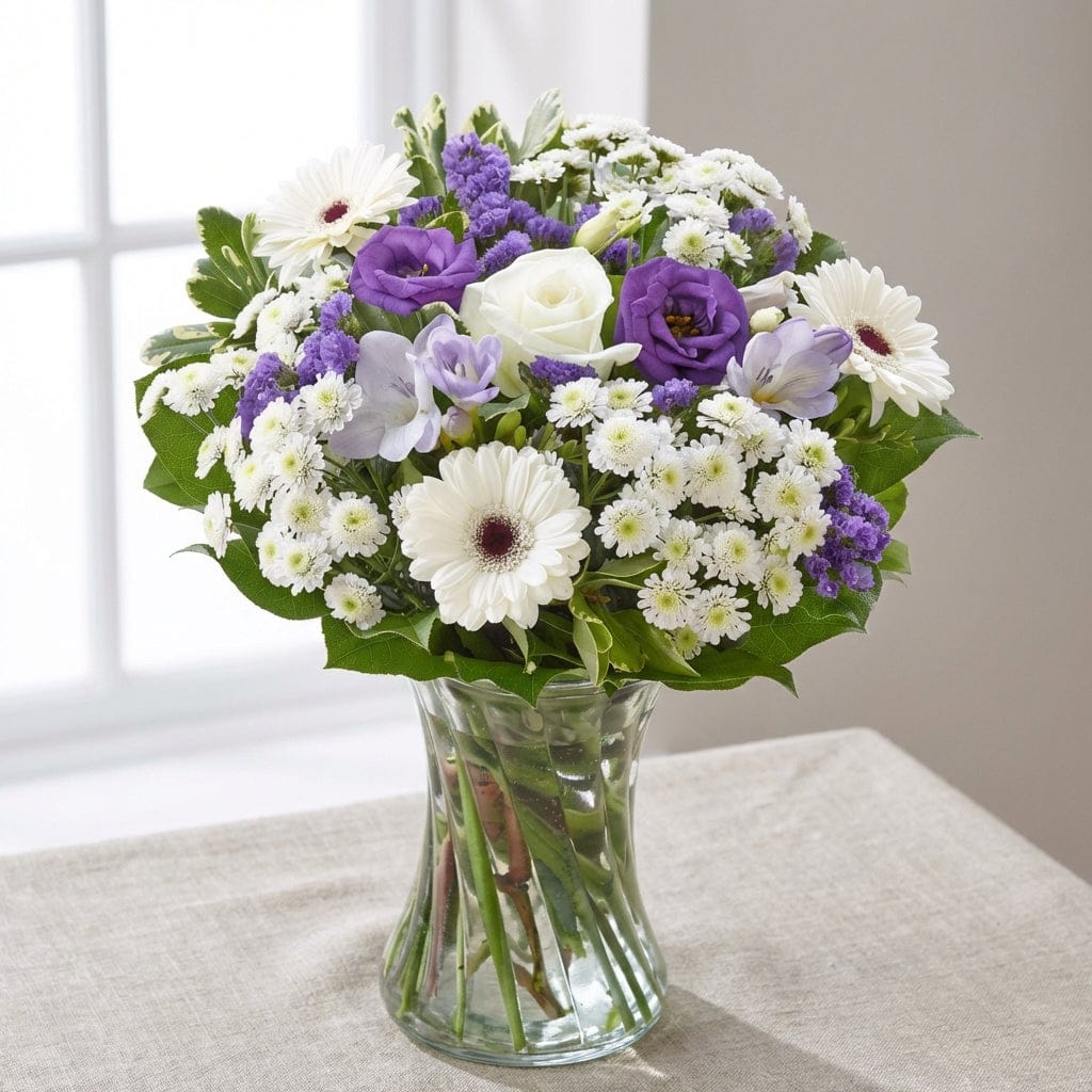 Product-focused image of the Purple Grace bouquet resting on neutral textured fabric, highlighting petal details and lush greenery in bright studio lighting.