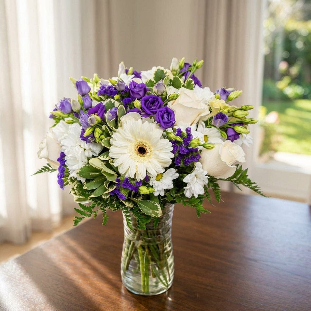 Side-angle of the Purple Grace bouquet in an elegant vase on a reflective surface, captured with natural light emphasizing delicate petals and arrangement balance.