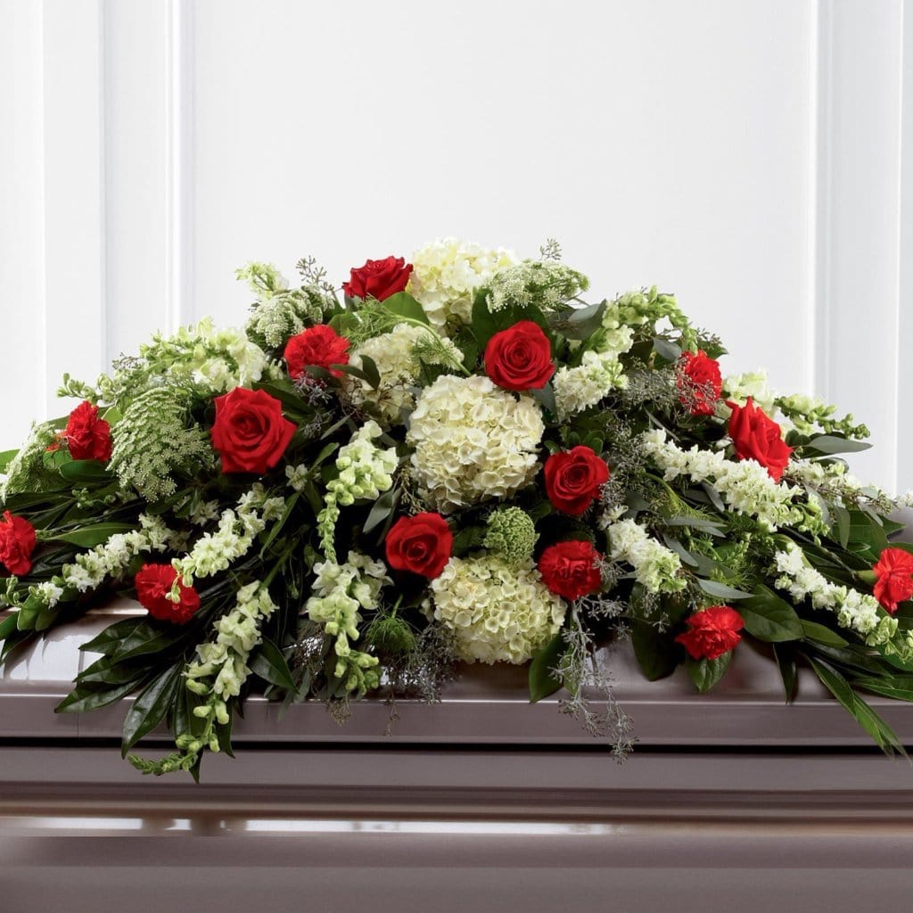 Casket Spray: Roses & Hydrangeas (Red & Green)