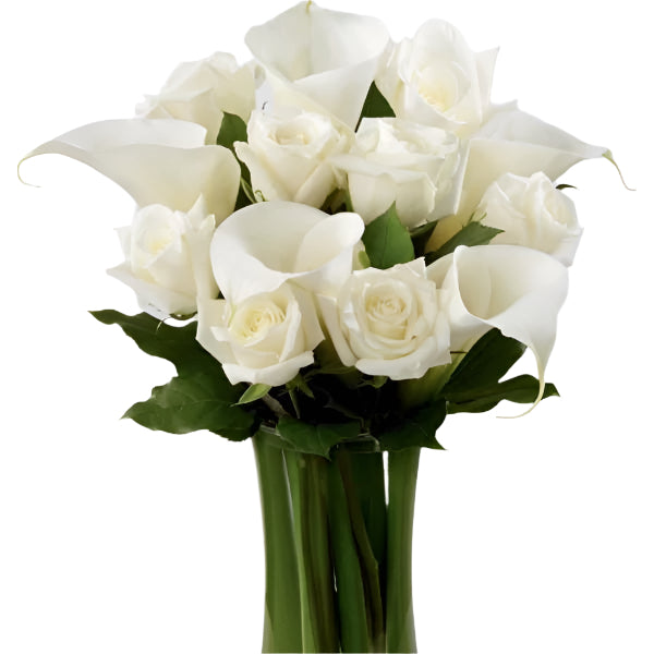 White Rose and White Calla Lily - Beautiful white roses and calla lilies are simply set amongst lush greens and hand tied to create a meaningful gift. Toronto Online Flower Delivery Service for Luxury Roses providing free delivery in the greater Toronto area for Birthdays, Anniversary, New baby, Weddings, Mother’s Day and Valentines day